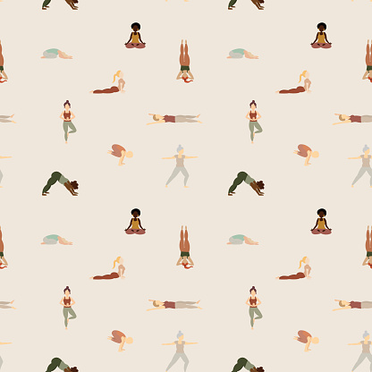 Seamless illustrated yoga pattern with mixed people practicing yoga poses