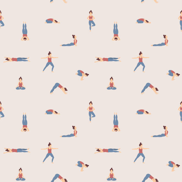 Seamless illustrated yoga pose pattern Seamless pattern of woman practicing yoga poses. Perfectly usable for all yoga projects. yoga backgrounds stock illustrations