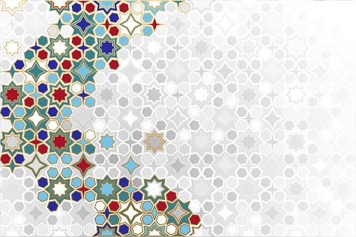 Seamless Islamic ornamental Background in color. Islamic ornamental colorful detail of mosaic. arabic, east ornament, indian ornament, persian motif, 3D. Ramadan Kareem gold greeting card, banner