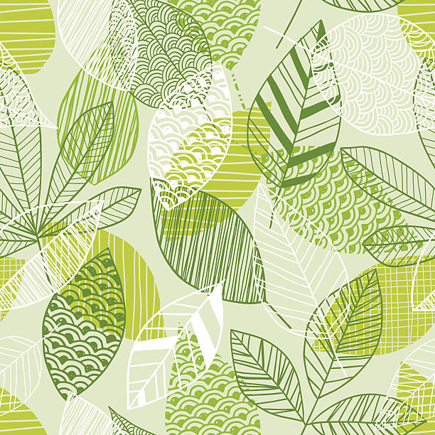 Seamless leaf pattern in shades of green This vector illustration depicts a seamless leaf pattern that features a textured effect in the retro revival theme.  This wallpaper pattern includes line art depicting leaves, foliage, branches and scribble lines to create a contemporary imagery.  The image has a beige background. There are three different leaf styles, and the leaves are colored in white, medium green and a lighter shade of yellow-green.  The leaves are filled in with different patterns, including vertical lines, horizontal lines, scallop designs and cross-hatching.  The lines in the illustration are clean, crisp, and well-defined. plant patterns stock illustrations