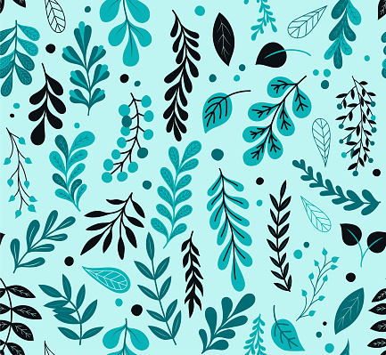 Monochrome, blue leaves seamless pattern. Hand drawn florals. EPS10 vector illustration, global colors, easy to modify.