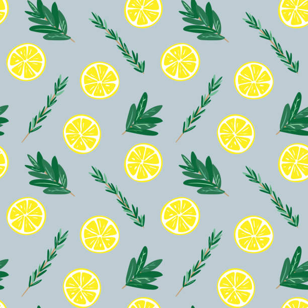 Seamless lemon and herbs pattern illustration, blue background vector art illustration
