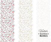 Seamless love borders, floral pattern with hearts. Tileable, can be infinitely repeated. Great for wedding invitations, valentine day cards, banners, headers. Illustrator swatch in the Swatches panel.