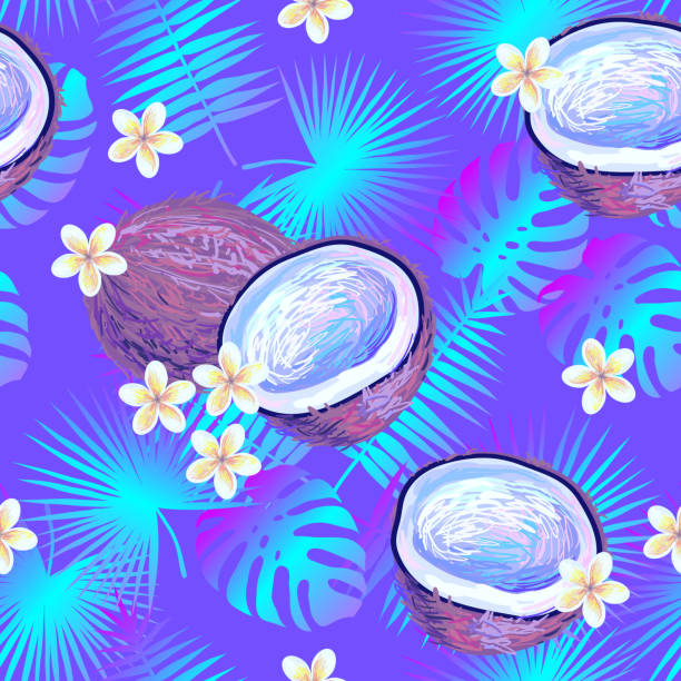 бесшовный роскошный узор с кокосовым орехом, пальмовыми листьями и тропической экзотической plumeria rubra frangipani цветок вектор фон для обоев, шаб - tonga stock illustrations
