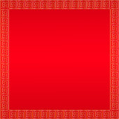 Vector Seamless Meander Pattern Frame In Red And Gold Color, Greek Key Pattern Background