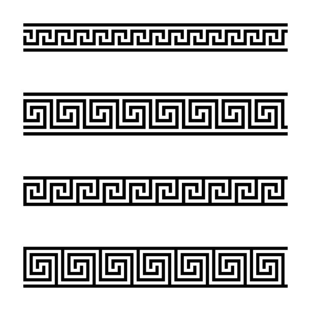 Seamless meander patterns on white background Seamless meander patterns on white background. Meandros, a decorative border, made of continuous lines, shaped into a repeated motif. Also Greek fret or Greek key. Black and white illustration. Vector maze borders stock illustrations