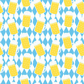Seamless Oktoberfest beer glass illustration pattern with bavarian flag background. Perfectly usable for all Oktoberfest projects.