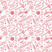 Seamless vector background contains doodle organic food drawings.