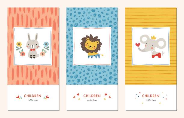 Seamless Packaging_02 Vector set of trendy hand drawn seamless patterns and kid's design elements with bunny, lion, elephant and flowers. Good for children's cloths, package, wallpaper, web page background, surface textures, books covers, greeting cards and invitations. child borders stock illustrations