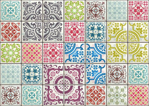 Seamless patchwork tile with Victorian motives. Majolica pottery tile, colored azulejo, original traditional Portuguese and Spain decor. Trend illustration for print wallpaper, fabric, paper and more Seamless patchwork tile with Victorian motives. Majolica pottery tile, original traditional Portuguese and Spain decor. arabesque position stock illustrations