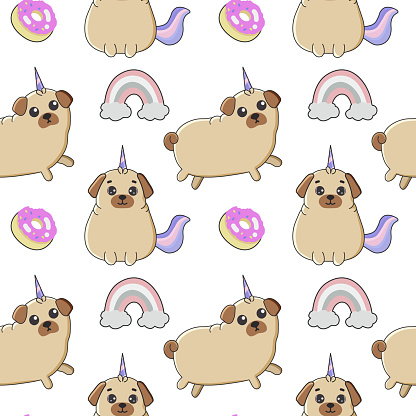 Seamless patten with  pugs, donuts and rainbows. Background for wrapping paper,  greeting cards, design.