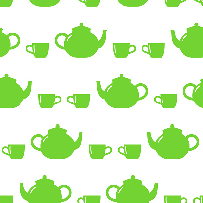 Seamless patten with teapot and mug silhouettes. Background minimalistic icons on a white background. Simple backdrop, wallpaper.