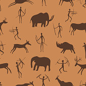 Seamless pattern. Ancient rock paintings show primitive people hunting on animals. The Paleolithic era. vector illustration