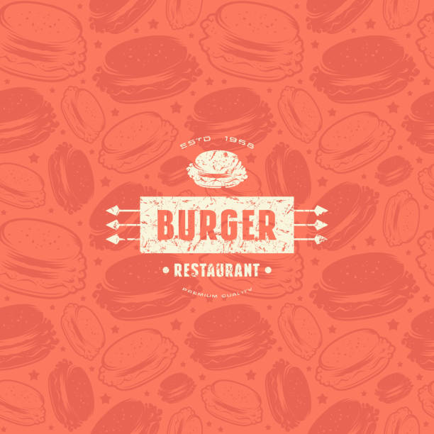 Seamless pattern and emblem for burger restaurant Seamless pattern and emblem for burger restaurant. White label on red background sandwich backgrounds stock illustrations