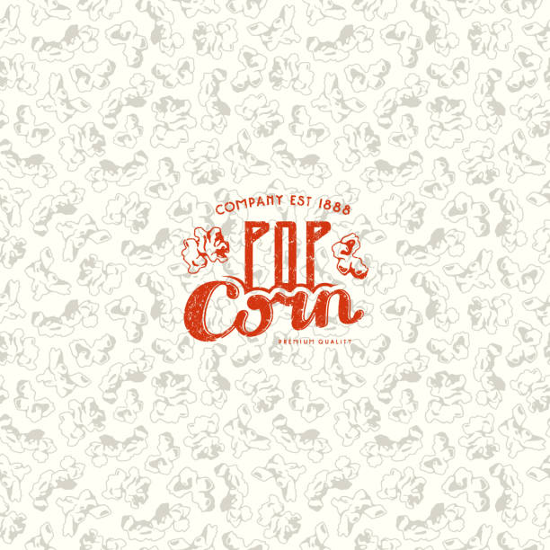 Seamless pattern and emblem for popcorn packaging Seamless pattern and emblem for popcorn packaging. Color print film texture stock illustrations