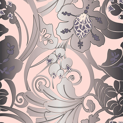 Seamless pattern Art Nouveau. Jugendstil. Modern background with flowers, leaves, berries and plexus of linear elements.  Wallpaper design, textiles, postal packaging.Vector illustration.