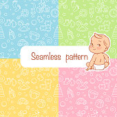Endless background with baby stuff. Background for web site, blog. Toys, clothes, icons, symbols of childhood and maternity. Vector illustration.