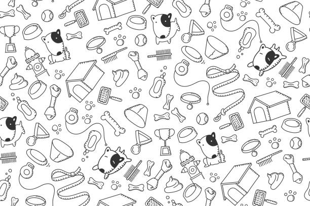 Seamless pattern background Dog and equipment kids hand drawing set illustration black color isolated on white background Seamless pattern background Dog and equipment kids hand drawing set illustration black color isolated on white background frisbee stock illustrations