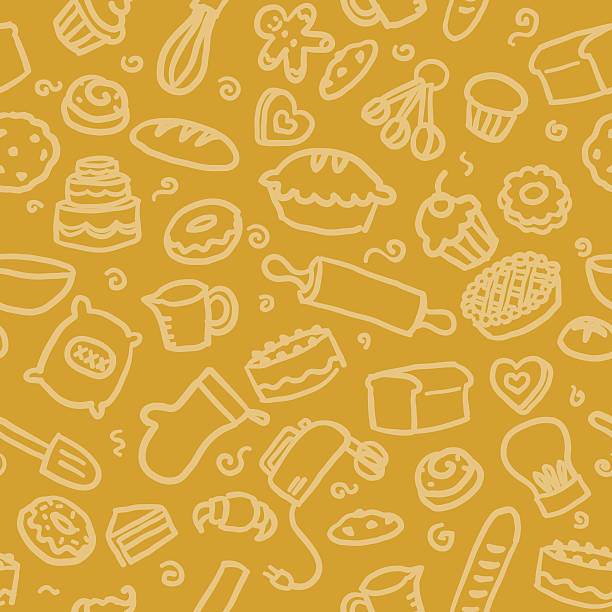 seamless pattern: baking seamless background with hand drawn baking illustrations. just drop into your illustrator swatches and use as a tiled fill. more similar images: baked pastry item stock illustrations