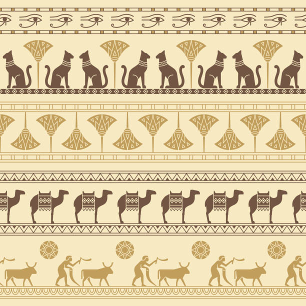 古代エジプトのシンボルに基づいたシームレスなパターン。猫、蓮の花、ラクダ、水牛など - エジプト点のイラスト素材／クリップアート素材／マンガ素材／アイコン素材