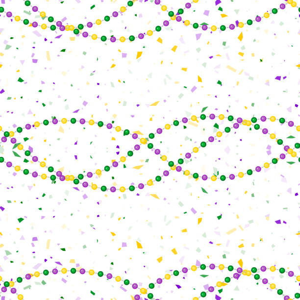Seamless pattern beautiful beads, confetti Seamless pattern beautiful yellow, green, purple beads and confetti on white background. Mardi Gras Party. Venetian carnival mardi gras party. Great for horizontal posters, header for website. Vector bead stock illustrations