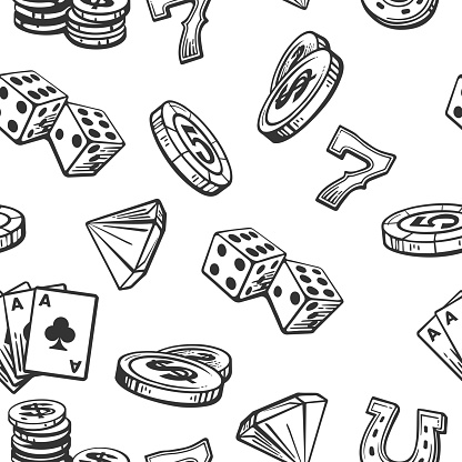 Seamless Pattern Casino set symbols. Black and white vintage vector illustration on white background for label, poster, web,  icon, banner