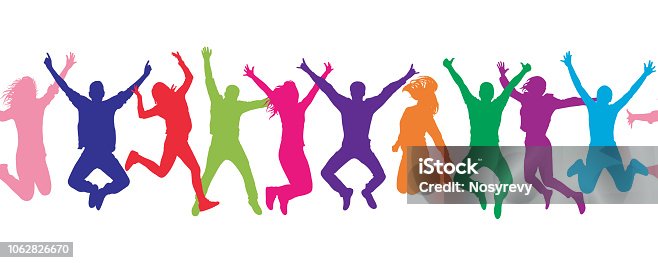istock Seamless pattern. Cheerful crowd jumping people. Colorful. 1062826670