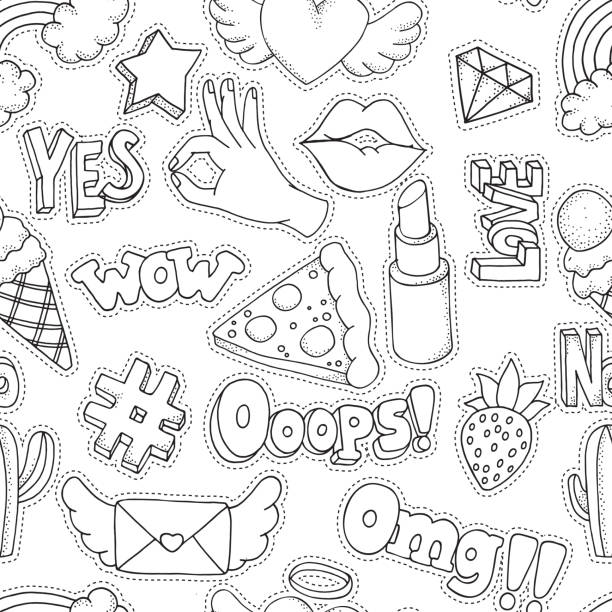 Seamless pattern. Coloring book page for adult with set of Fashion Patch Badges in cartoon 80s-90s style. Black and white. Seamless pattern. Coloring book page for adult with set of Fashion Patch Badges in cartoon 80s-90s comic style. Black and white. Doodle style. Stickers, Lips, pins, hearts, speech bubbles, patches quote coloring pages stock illustrations