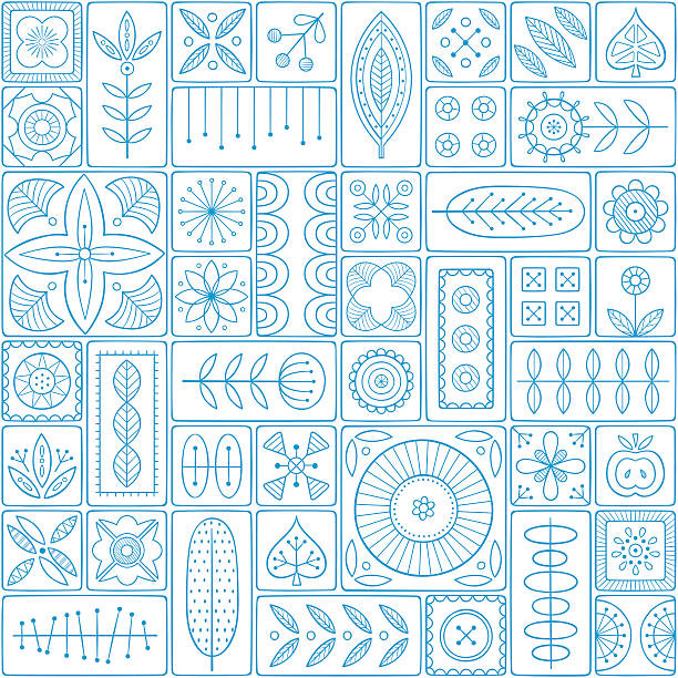 Seamless pattern consisting of tiles with Scandinavian motifs Scandinavian design tiles with floral abstractions. Patterns and ornaments with Scandinavian motifs within the rectangular frames. Linear style illustration. Blue seamless background. northern europe stock illustrations