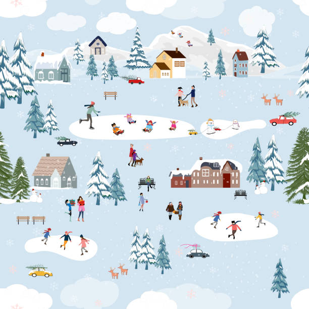 동화 집, 자동차, 아이스 스케이트와 소나무를 연주 북극곰, 크리스마스 이브에 마을에서 벡터 파노라마 플랫 디자인, 휴일 배경과 마을에서 매끄러운 패턴 귀여운 크리스마스 풍경 - 마을 stock illustrations