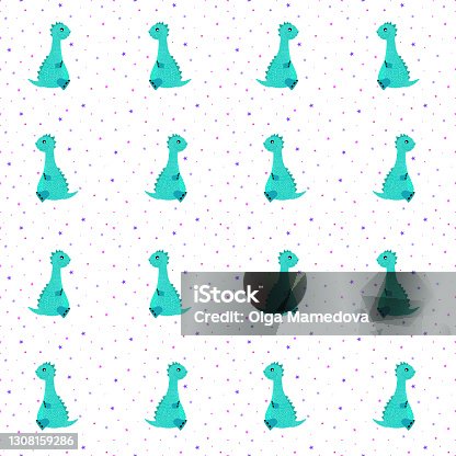 istock Seamless pattern. Cute little dragon and stars all around. The concept of the children's fund. Template for fabric, bed linen, cover, wrapping paper, wallpaper, etc. Vector illustration cartoon style 1308159286