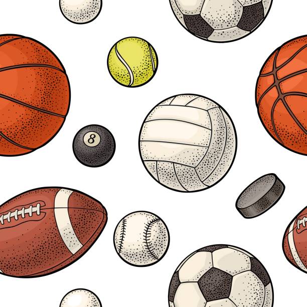 無縫模式不同種類的運動球。復古彩色向量雕刻 - 排球 球 插圖 幅插畫檔、美工圖案、卡通及圖標