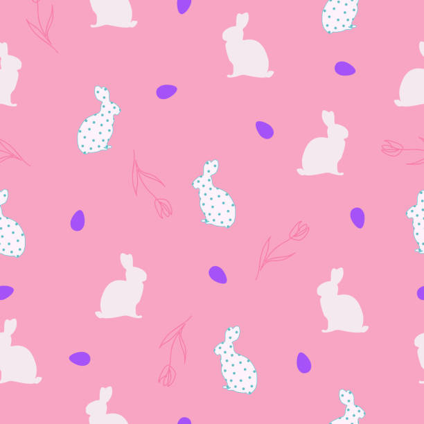 Seamless pattern easter bunnies, eggs, abstract flowers on pink background. Cute baby rabbit repeat print decor., vector eps 10 Seamless pattern easter bunny, eggs, abstract flower on pink background. Cute rabbit repeat print decor. Sweet baby spring garden hare wallpaper motif or kids wrap paper, drawn vector design eps 10 easter sunday stock illustrations