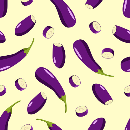 Seamless pattern Eggplant whole and half. Vector illustration of ripe vegetables.