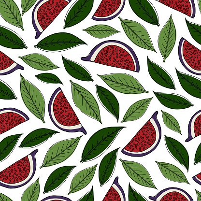Seamless pattern: fig leaves and slices.