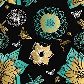 Seamless pattern flowers, butterflies, hummingbirds, black background. Gold flowers, black elements,flower line,gold thread pattern,gold seamless lace.Spring,summer theme. Packaging gifts Greetings