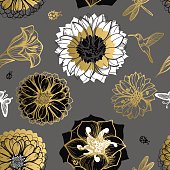 Seamless pattern flowers, butterflies, hummingbirds, dark background. Gold flowers, black elements,flower line,gold thread pattern,gold seamless lace.Spring,summer theme.