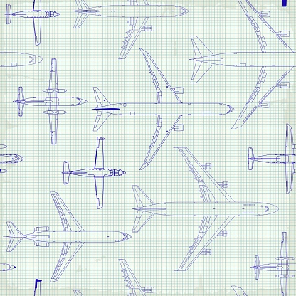 Seamless pattern flying passenger airplanes from different times. airplane drawings on graph vintage paper