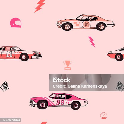 istock Seamless pattern for boys. Hand-drawn racing sport cars. Old fashion retro design. 1222519063
