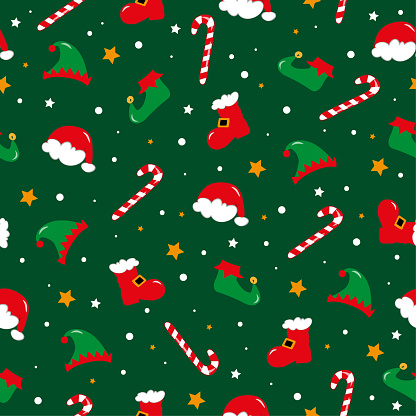 Seamless pattern for Christmas, Santa hat, and boots, Elf hat and shoes, candy cane on green backgound.