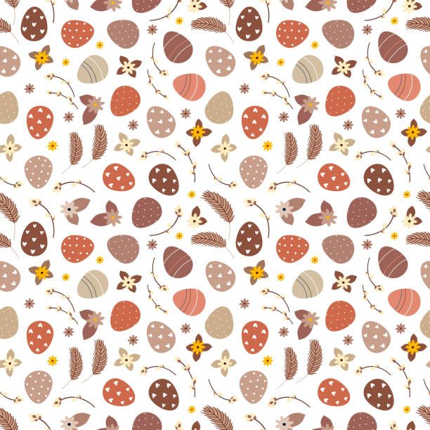 seamless pattern for Easter holiday Boho seamless background of Easter eggs and flowers and pussy willow. Vector illustration easter sunday stock illustrations