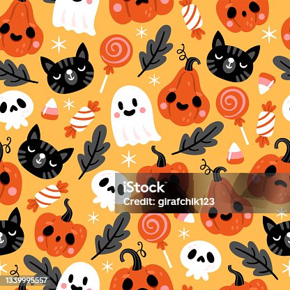 istock Seamless pattern for Halloween holiday with pumpkin, black cat, ghost and skull. Childish background for fabric, wrapping paper, textile, wallpaper and apparel 1339995557