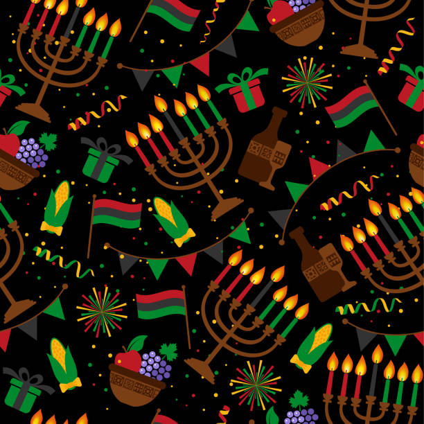 Seamless pattern for Kwanzaa with traditional colored and candles representing the Seven Principles or Nguzo Saba . Seamless pattern for Kwanzaa with traditional colored and candles. kwanzaa stock illustrations