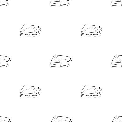 Seamless pattern hand drawn vector illustration peanut butter jelly sandwich or grilled cheese sandwich. Good for backgrounds, textile design, wallpaper. Cartoon doodle style back and white colors.
