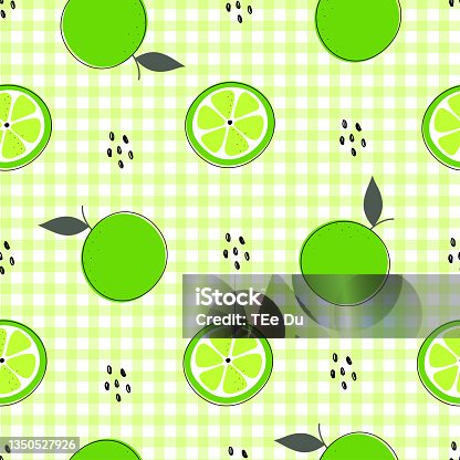istock Seamless pattern hand drew green lemon-lime background and with square grid Checkerboard as wallpaper Design used for fabric, textile, publication, gift wrap, vector illustration 1350527926