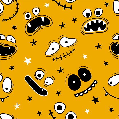 Seamless pattern Happy Halloween. Scary and funny smiling faces of Halloween with jaws, teeth and open mouths. Hand drawn vector funny cartoon character Ghost, monster, Jack Skellington, pumpkin.