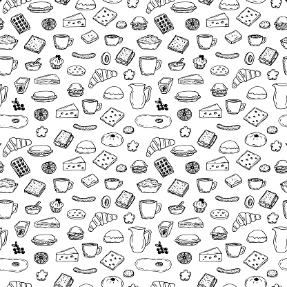 Seamless pattern hot Breakfast popular products, vector illustration, hand drawing