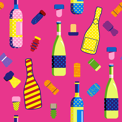 Seamless pattern in Pop Art style with champagne and wine bottles and Cork stoppers. Different types and forms bungs and plugs for alcohol drinks.