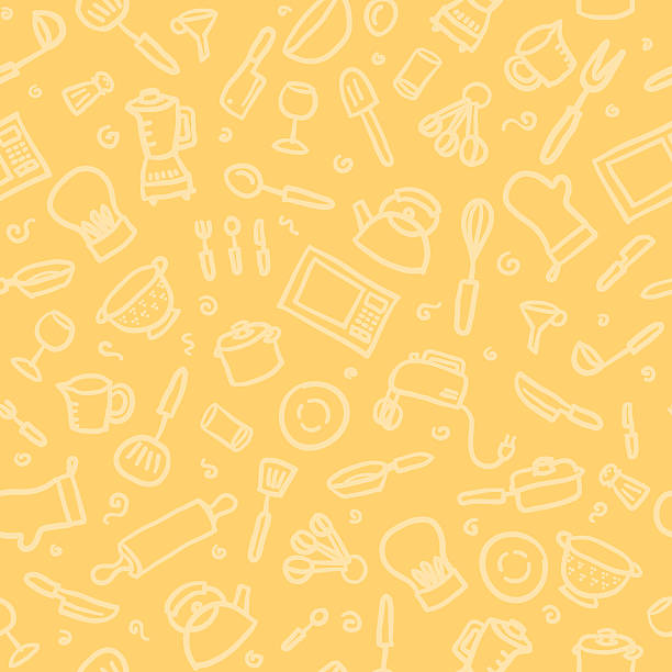 seamless pattern: kitchen kitchen utensils and appliances in a seamless pattern. just drop into your illustrator swatches and use as a tiled fill. more similar images: cooking backgrounds stock illustrations