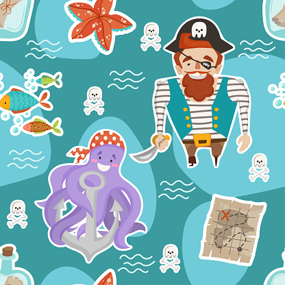 Seamless pattern namor theme with cartoon pirates, octopuses, starfishes and treasure maps. Vector illustration for printing onto fabric, wallpaper and wrapping paper.